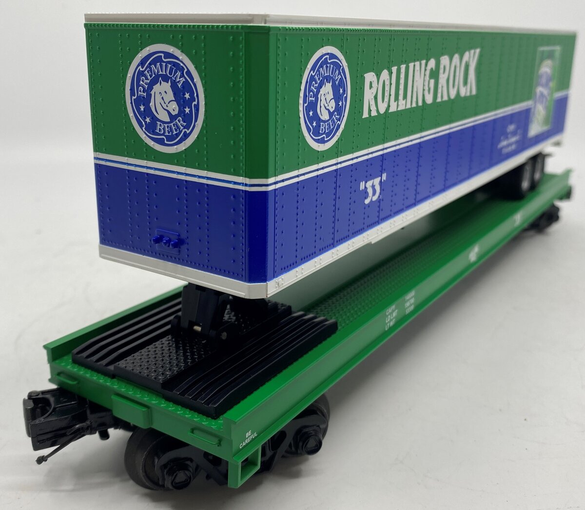 MTH 20-98630 O Gauge Rolling Rock Flat Car w/48’ Trailer #33