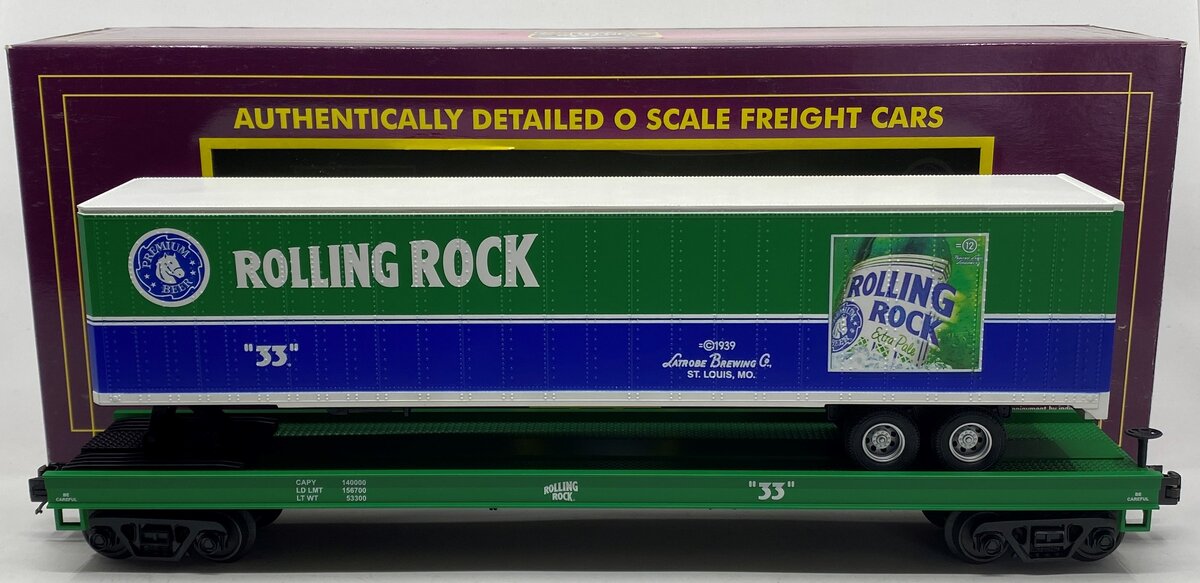 MTH 20-98630 O Gauge Rolling Rock Flat Car w/48’ Trailer #33