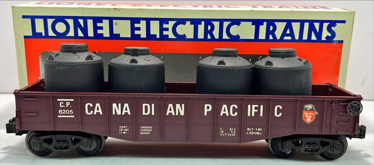 Lionel 6-6205 O Gauge Canadian Pacific Long Gondola with Canisters