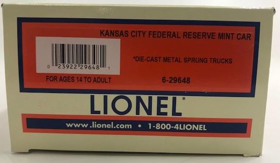 Lionel 6-29648 O Gauge Kansas City Federal Reserve Mint Car #6445