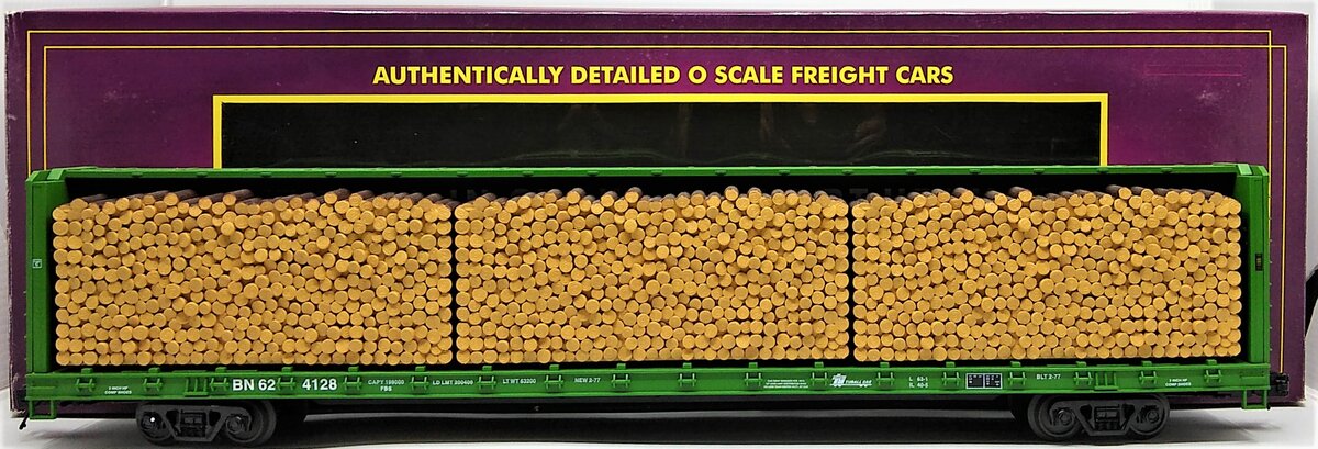 MTH 20-98849 Burlington Northern Center Beam Flat Car w/ Log Load