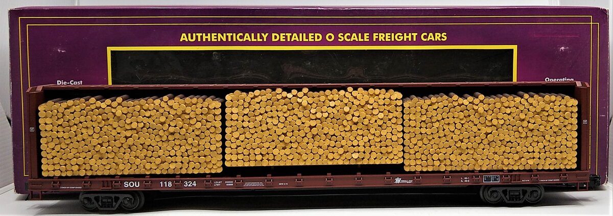 MTH 20-98850 O Gauge Southern Center Beam Flat Car w/ Log Load #118324
