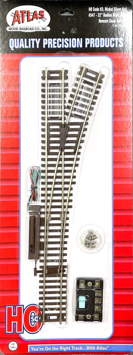 Atlas 0547 HO Code 83 Nickel Silver 22" Right Hand Remote Switch Turnout