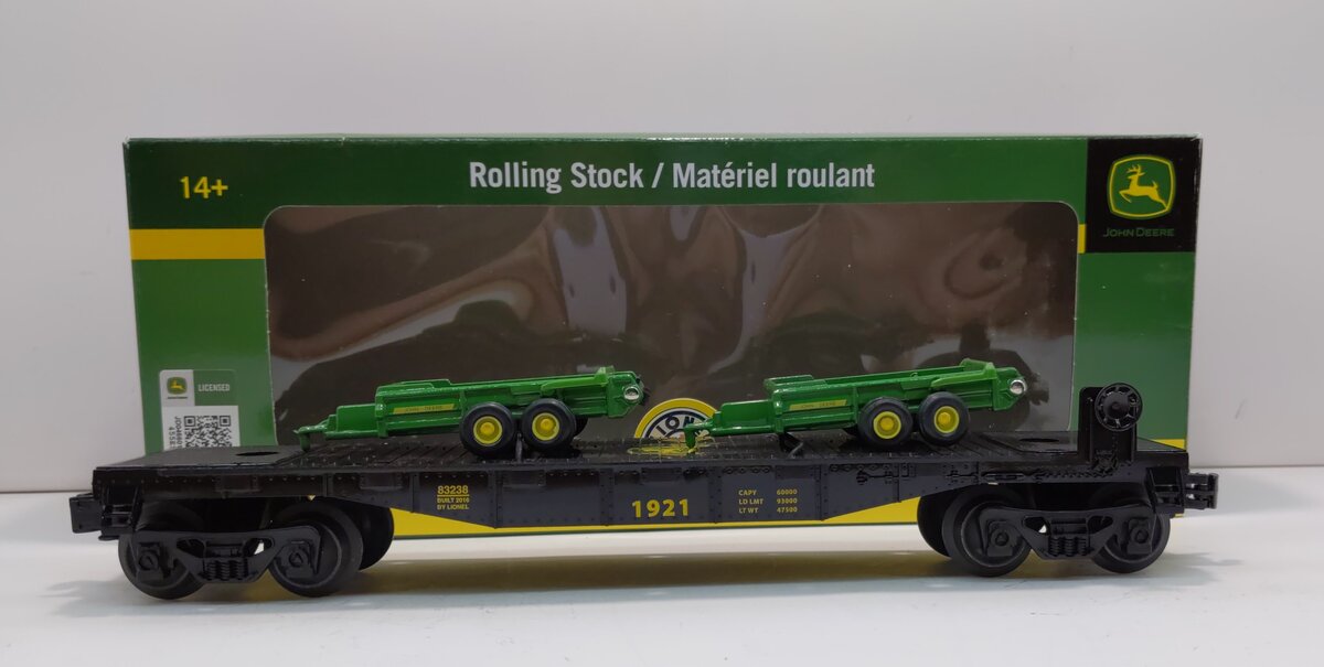 Lionel 6-83238 O John Deere Flatcar w/2 Trailer Load #1921