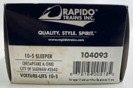 Rapido Trains 104093 HO Scale Chesapeake & Ohio 10-5 Sleeper #2640