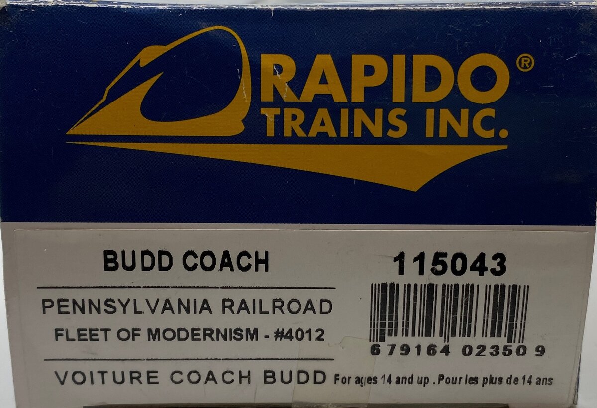 Rapido Trains 115043 HO Pennsylvania Railroad Budd 60-Seat Coach #4012