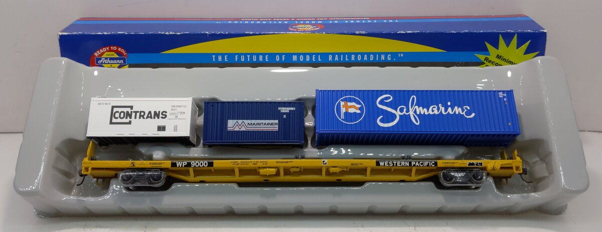Athearn 74212 HO Western Pacific 85' All Purpose Flat Car W/3 Containers # 9000