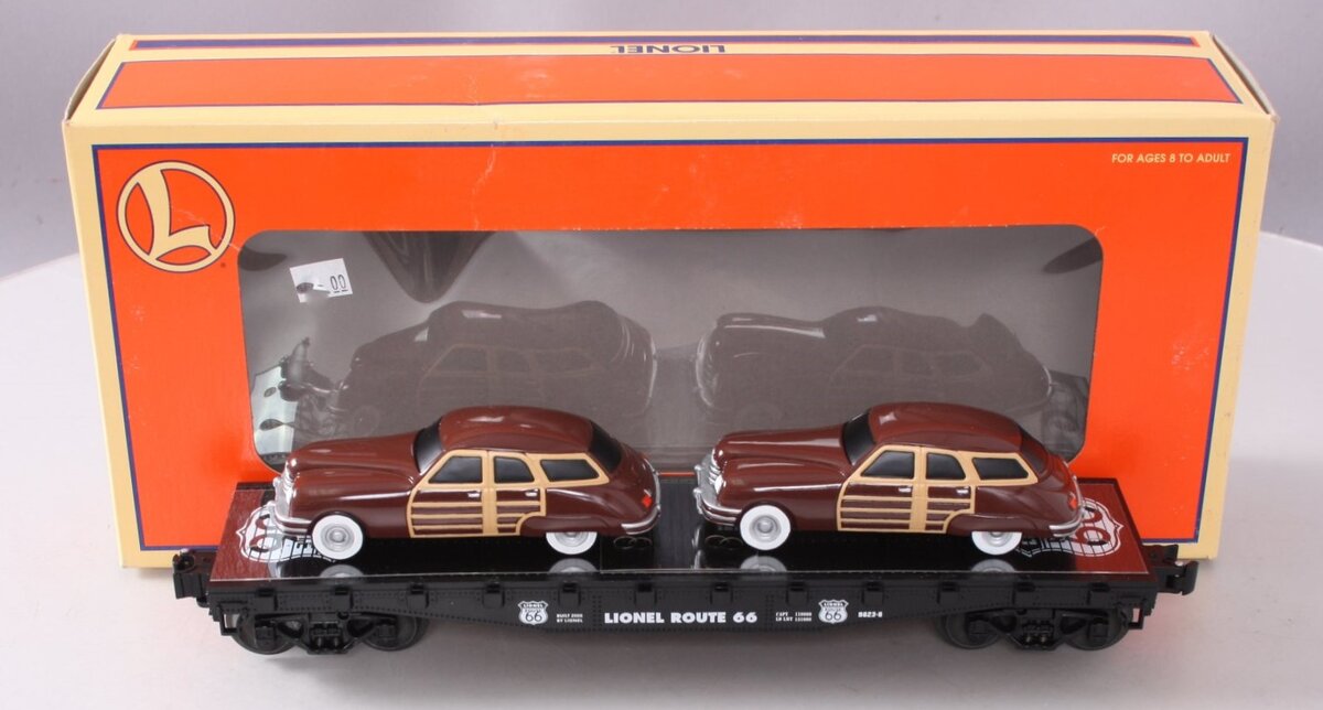 Lionel 6-17558 O Gauge Route 66 Flatcar with Two Brown Sedans