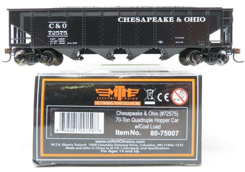 MTH 80-75007 Chesapeake & Ohio HO Scale 70-Ton Quadruple Hopper Car #72575