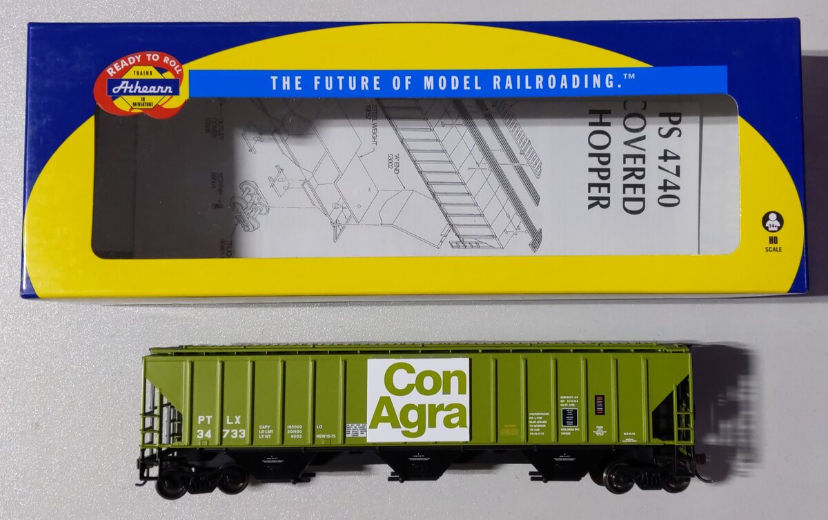 Athearn 14705 HO Con Agra PS 4740 3-Bay Covered Hopper Car #34733