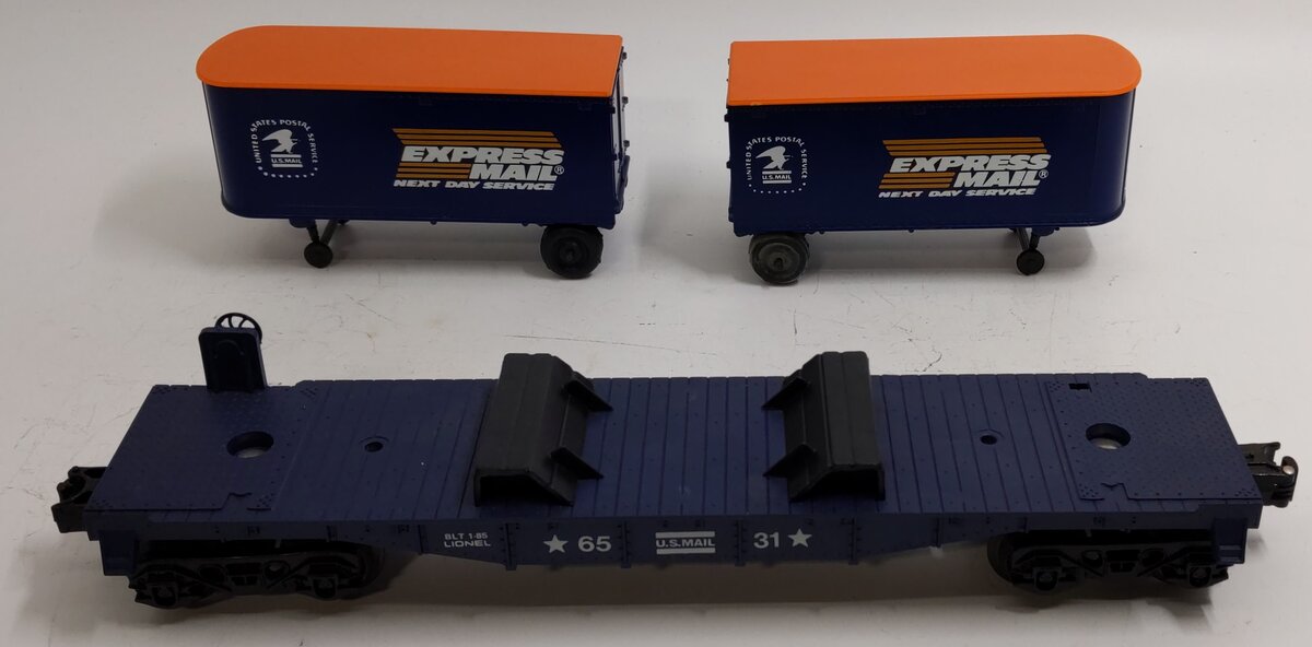 Lionel 6-6531 O Gauge Express Mail Flatcar with Piggyback Trailers