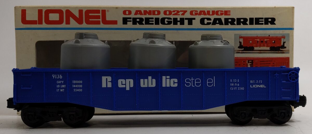 Lionel 6-9136 O Gauge Republic Steel Gondola With 3 Containers