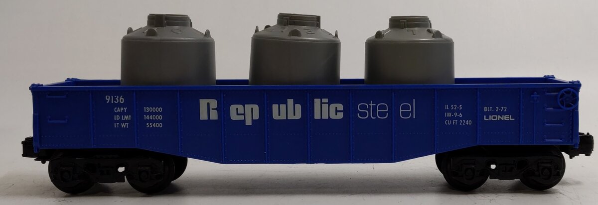 Lionel 6-9136 O Gauge Republic Steel Gondola With 3 Containers