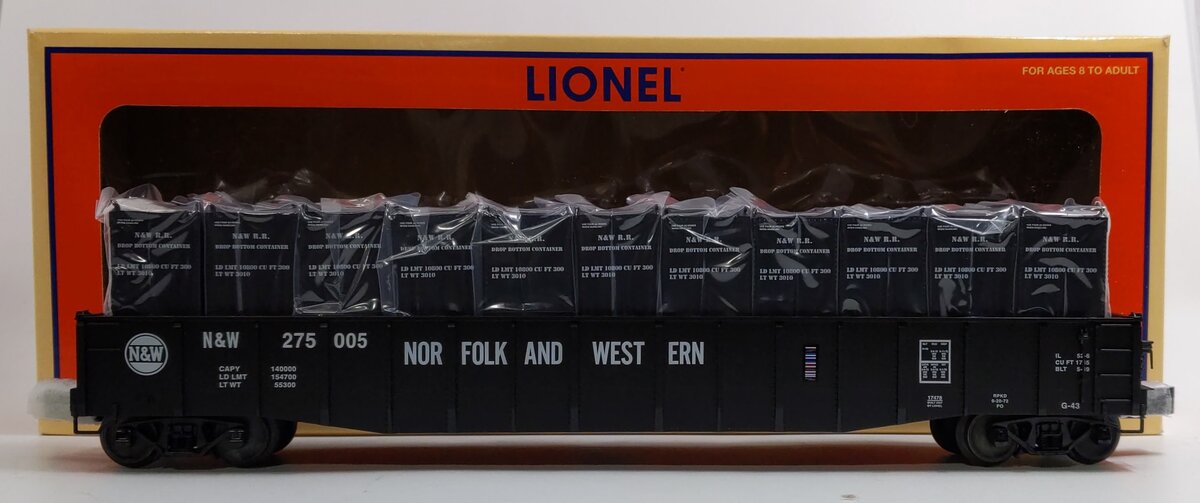 Lionel 6-17478 O Norfolk & Western PS5 Gondola #275005 w/Removable Containers