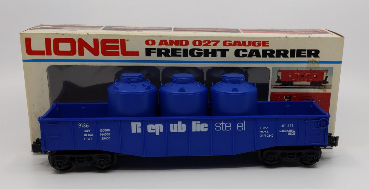 Lionel 6-9136 O Gauge Republic Steel Gondola With 3 Containers