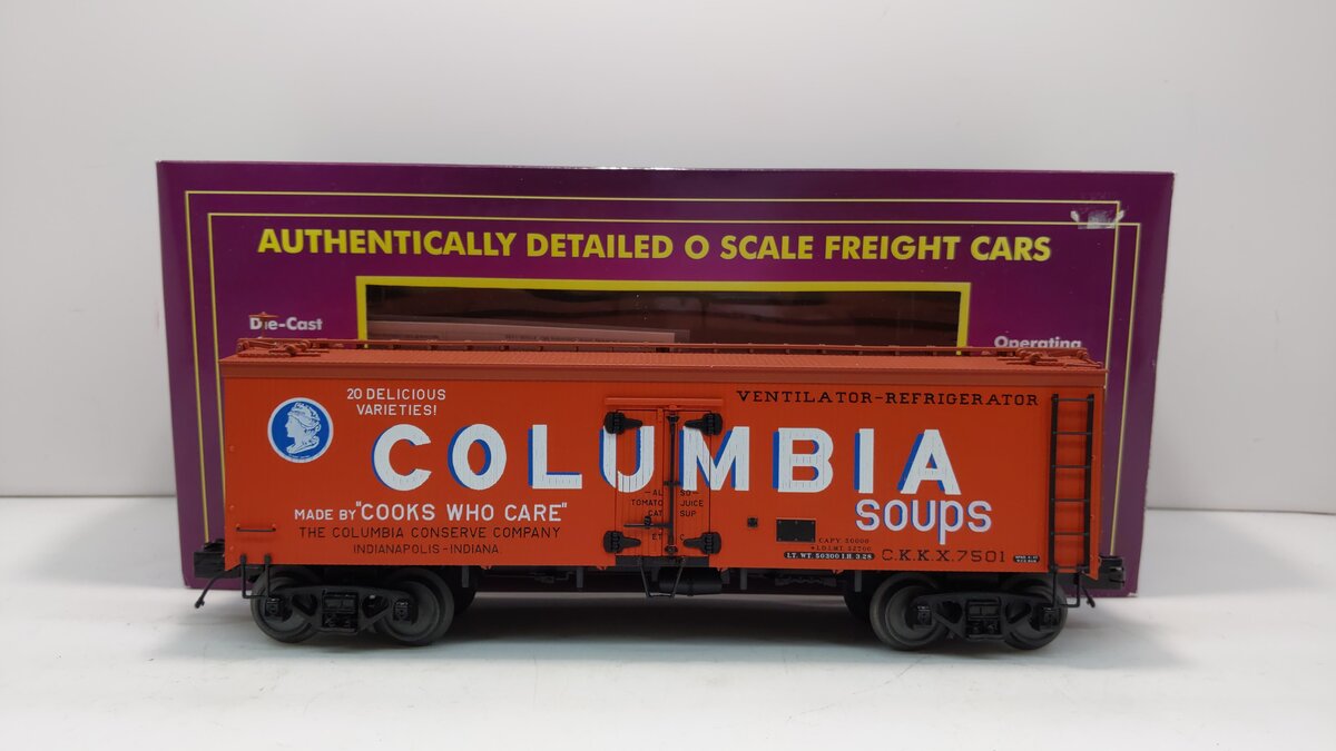 MTH 20-94413 O Columbia Soups 36' Woodsided Reefer Car #7502, #7501