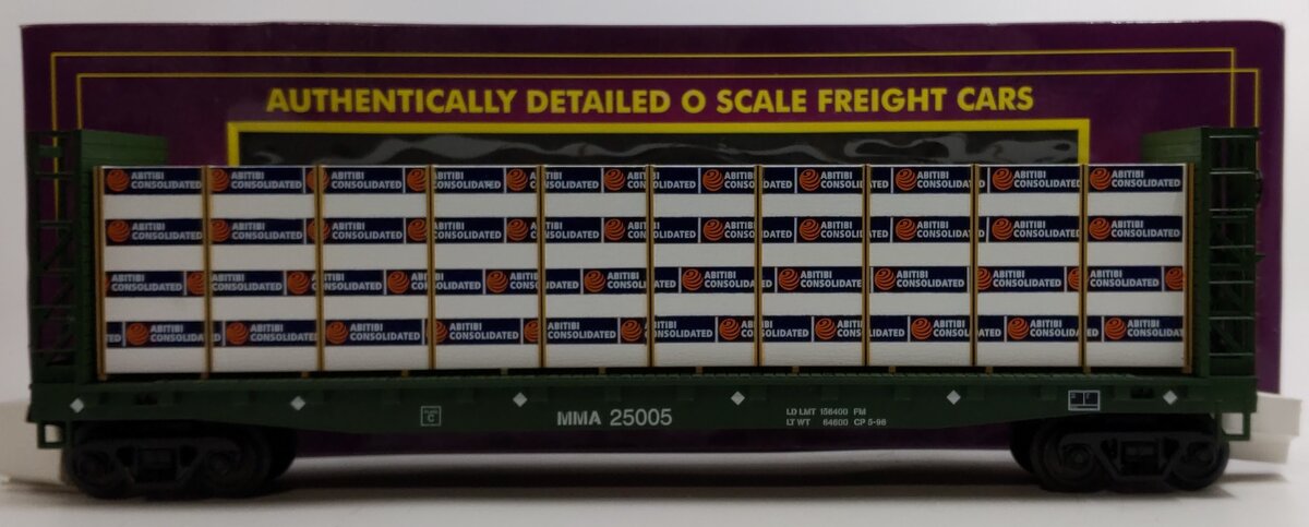 MTH 20-98781 O Gauge MM&A Flatcar #25005 w/Bulkheads & Covered Wood Load