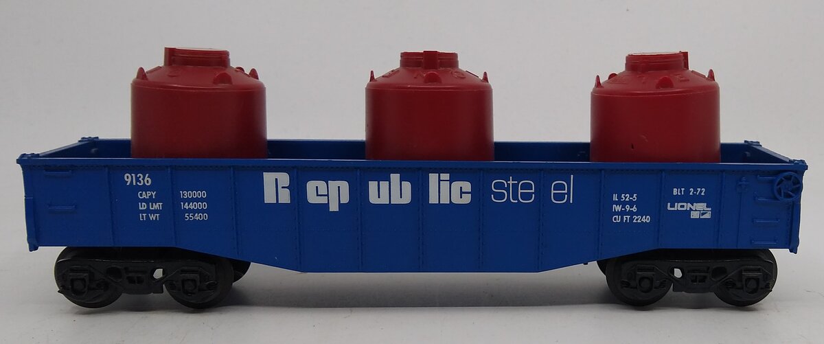 Lionel 6-9136 O Gauge Republic Steel Gondola With 3 Containers
