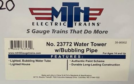 MTH 35-90002 S #23772 Water Tower with Bubbling Pipe