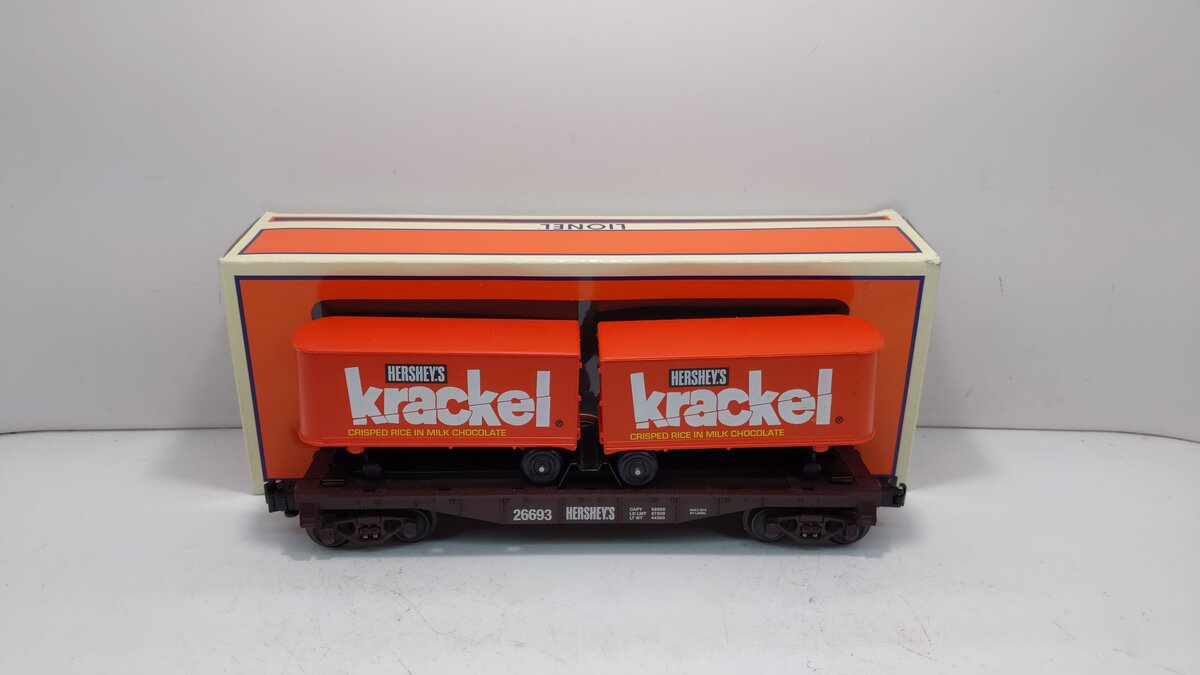 Lionel 6-26693 O Gauge Krackel Piggyback Flatcar w/ 2 Trailers