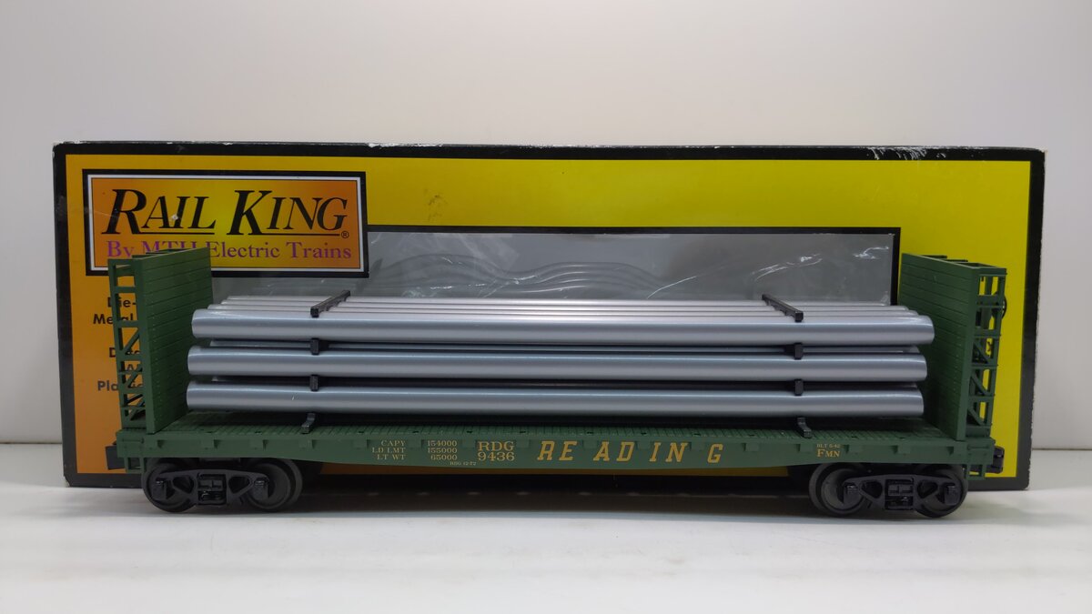 MTH 30-76362 Reading Flat Car - w/Bulkheads & Pipe Load