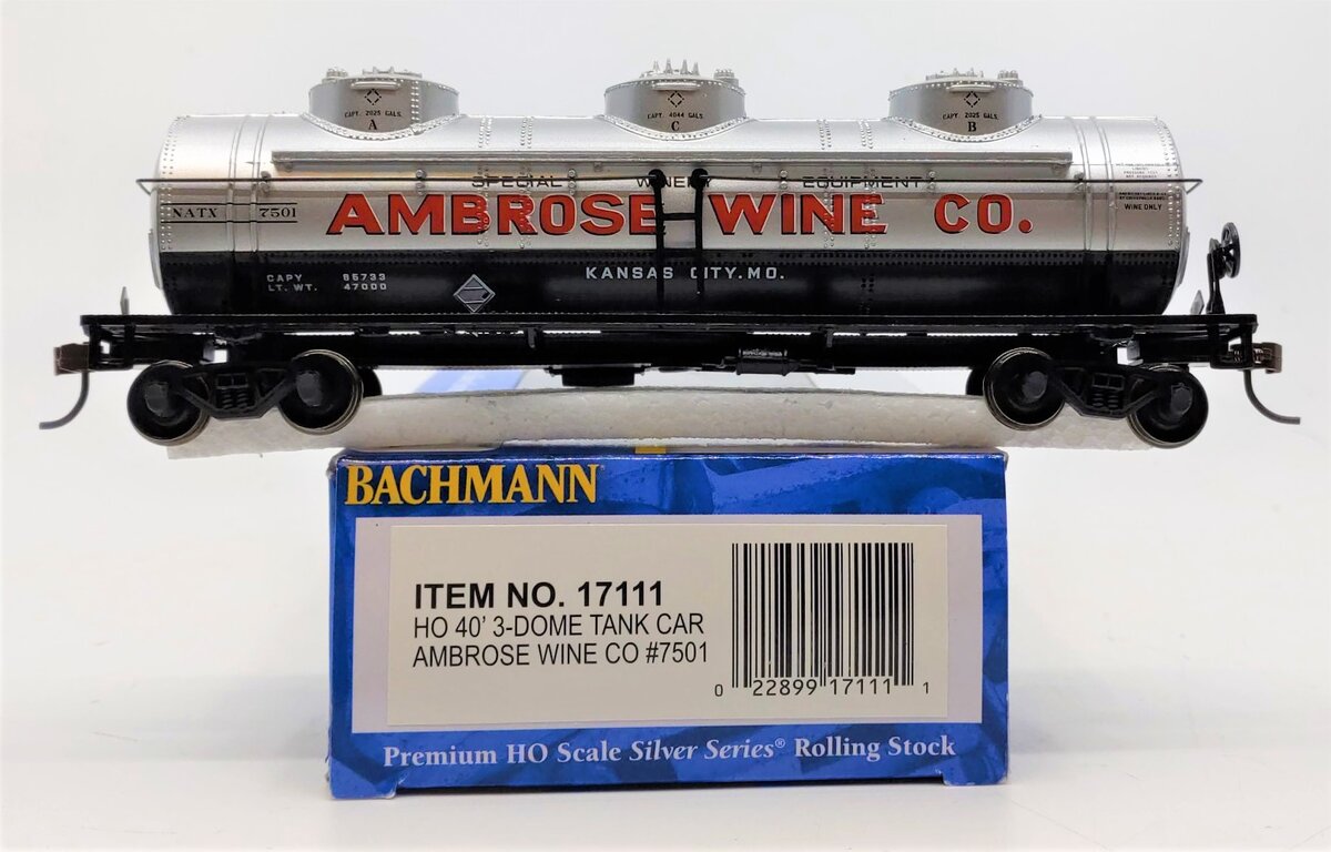 Bachmann 17111 HO Scale Ambrose Wine Co. 40' Three-Dome Tank Car Road # 7501