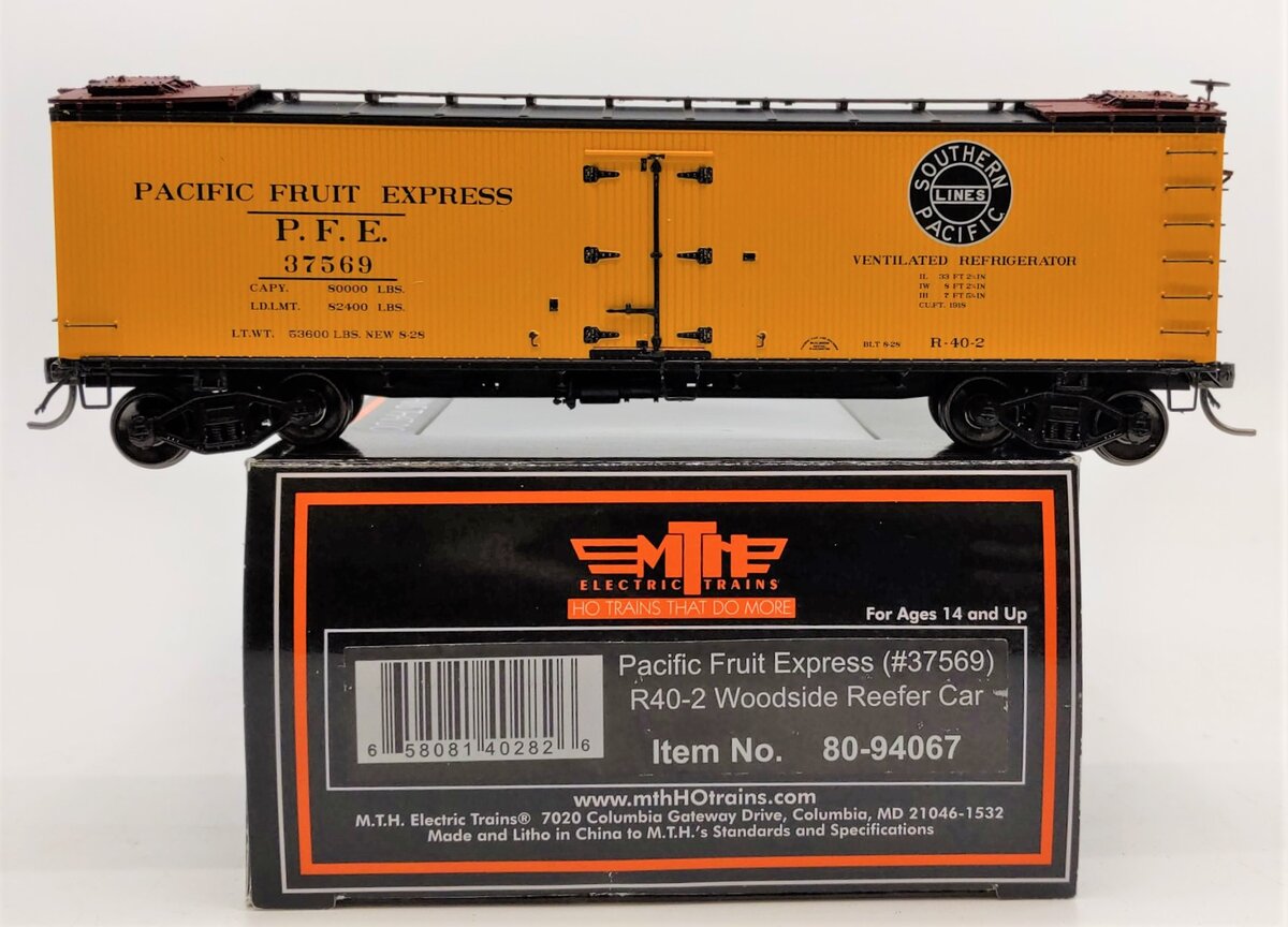MTH 80-94067 HO Pacific Fruit Express R40-2 Woodside Reefer Car (Yellow) #37569