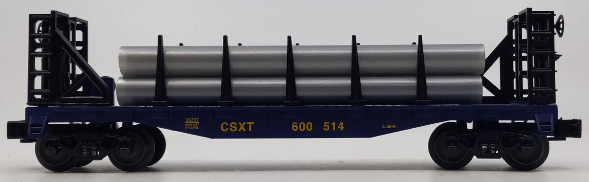 Lionel 6-26357 O Gauge CSX Flatcar w/Pipe Load #600514
