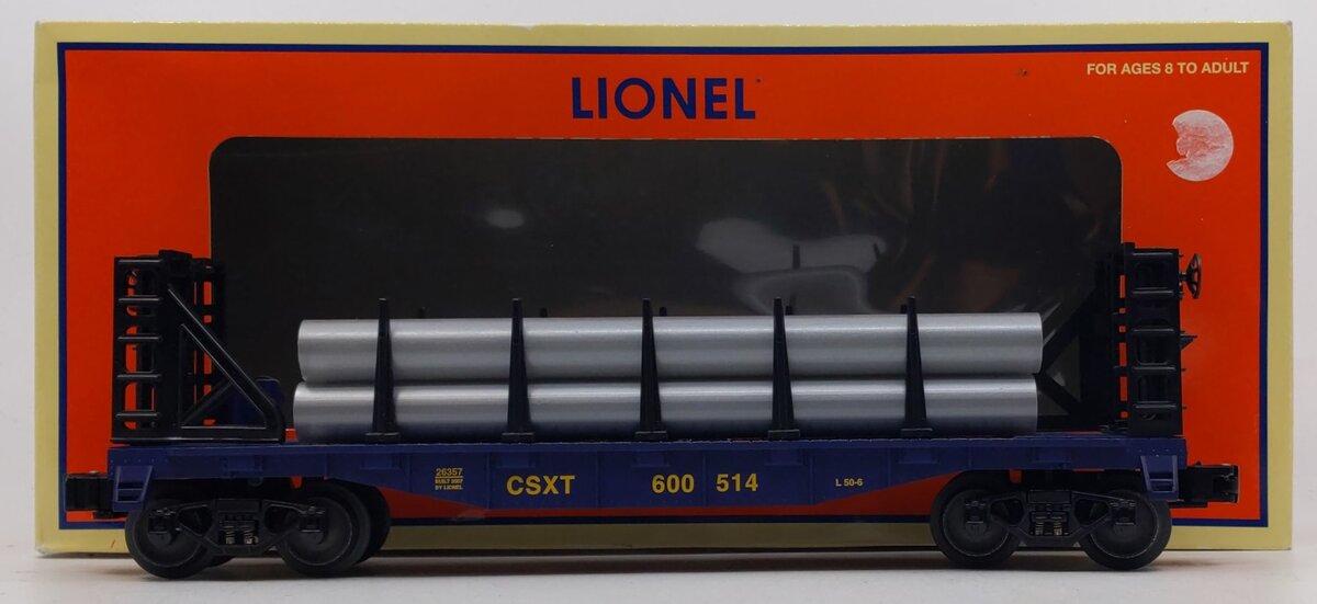 Lionel 6-26357 O Gauge CSX Flatcar w/Pipe Load #600514