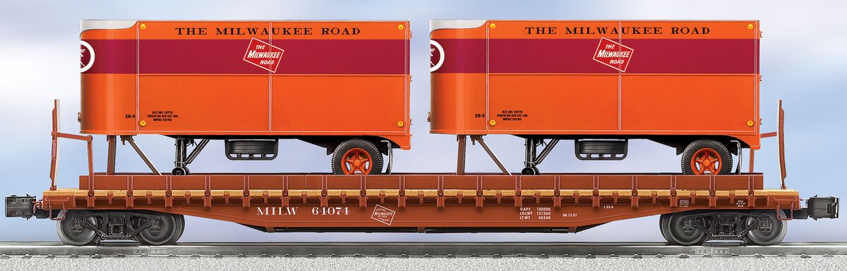 Lionel 6-27564 O Gauge Milwaukee Road Flatcar # 64074 w/ 2 Trailers