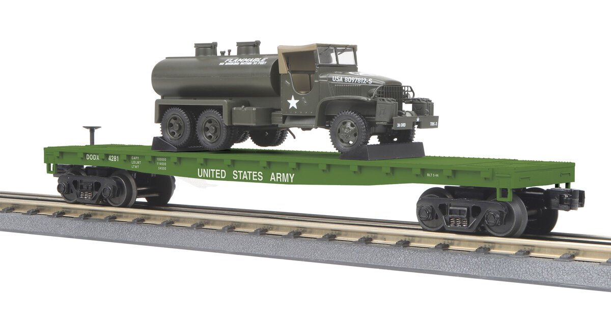MTH 30-76777 O Gauge U.S. Army Flatcar with 6x6 Tank Truck