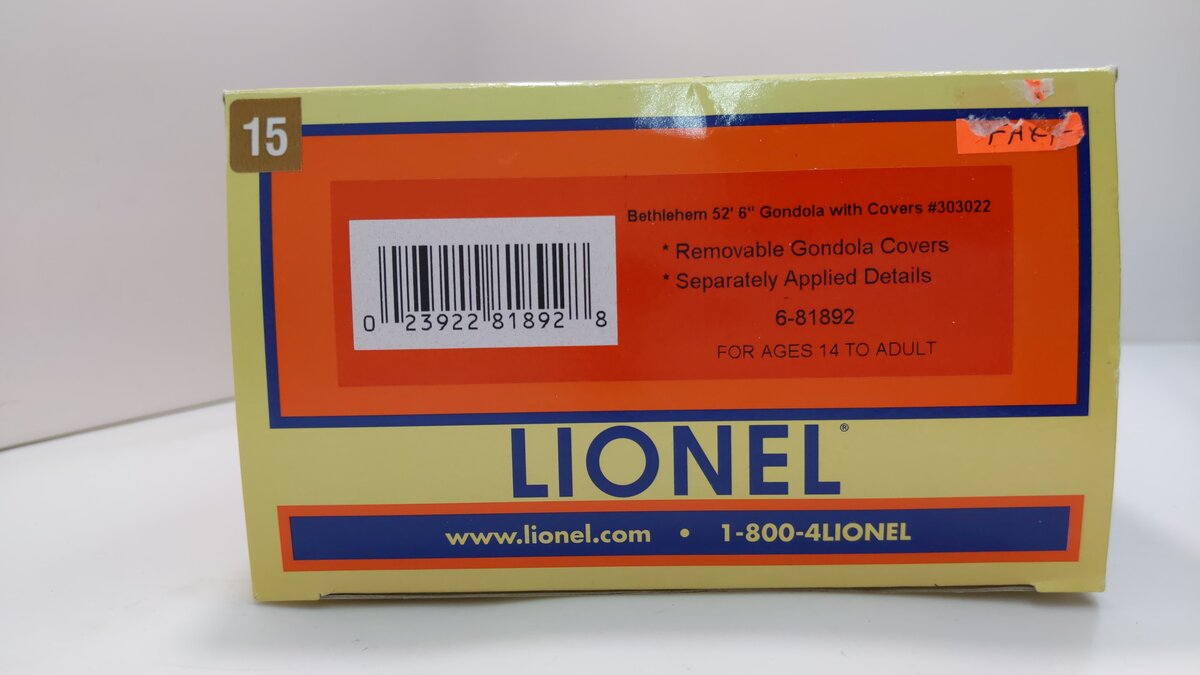 Lionel 6-81892 O Bethlehem Steel 52' Gondola w/Covers #303022