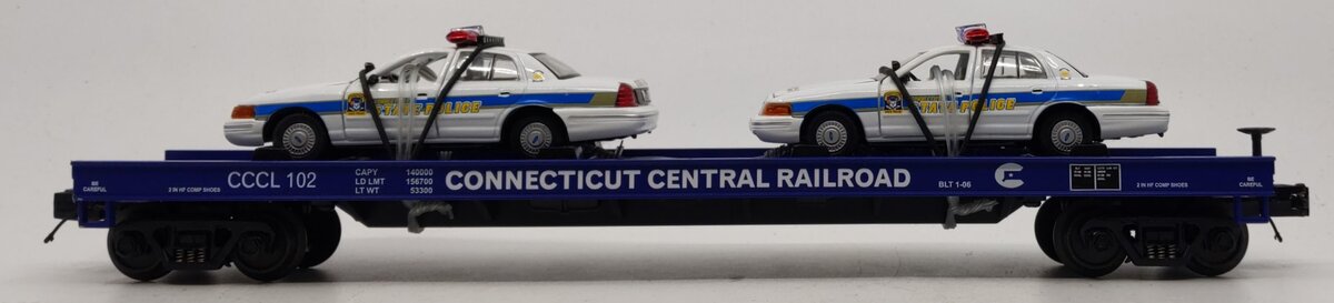 MTH 20-98519 O Gauge Connecticut Central Flat Car with 2 Ford Police Cars