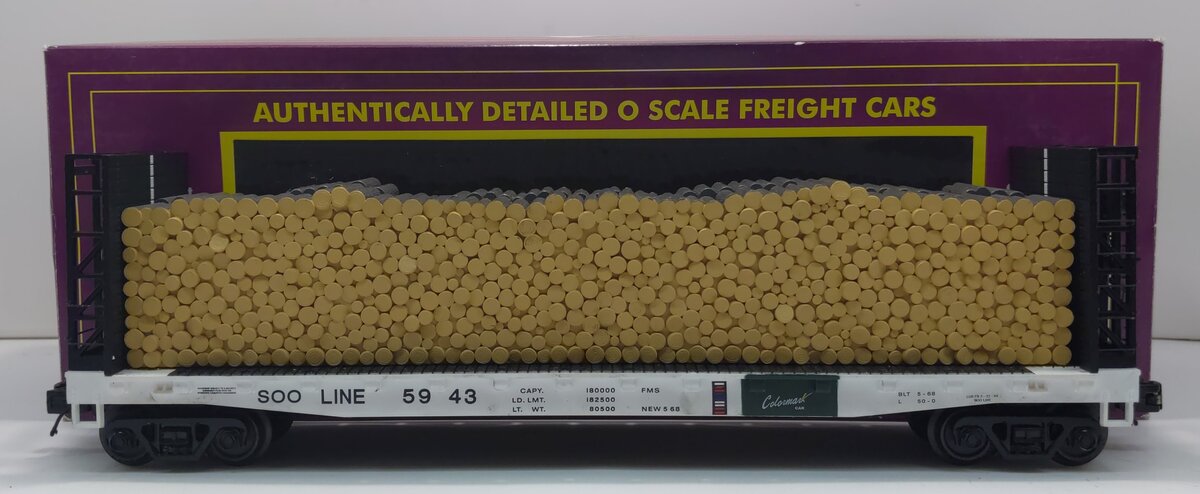 MTH 20-95365 O SOO Line Bulkhead Flat Car with Log Load #5943