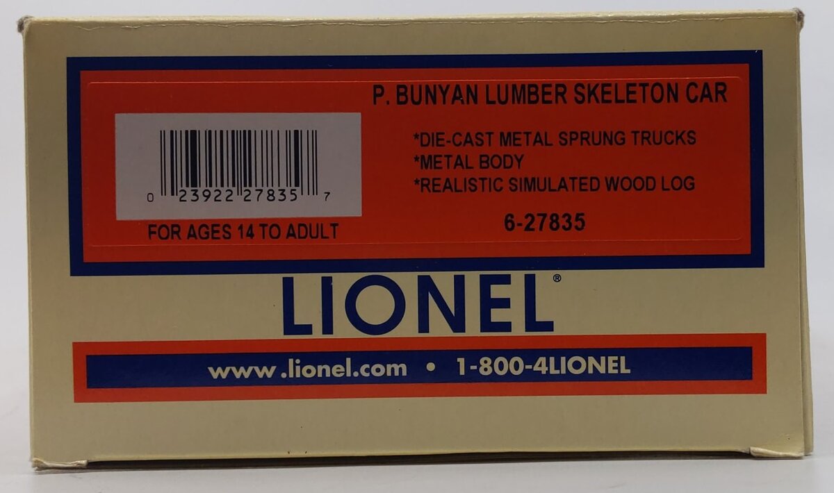 Lionel 6-27835 O Gauge P.Bunyan Lumber Co. Skeleton Log Car #1825