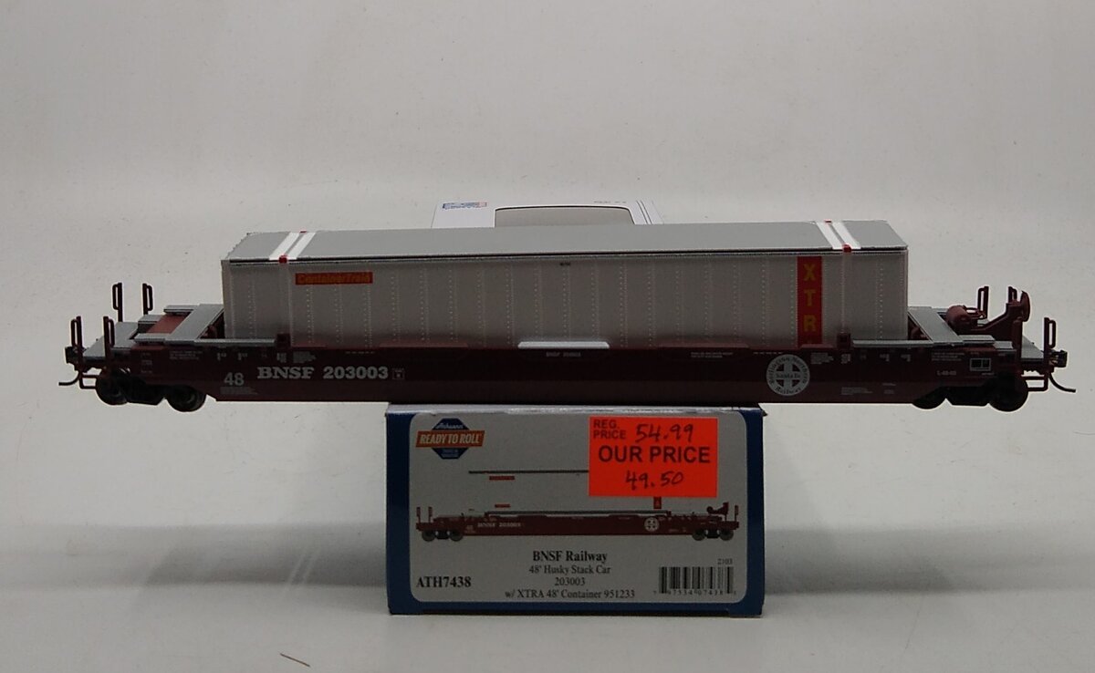 Athearn 7438 HO BNSF RTR 48' Husky Stack Well Car with XTRA Container #203003
