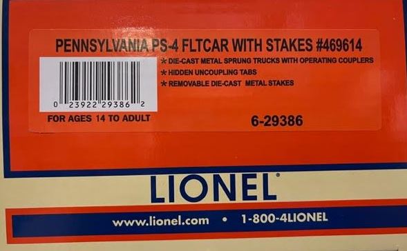 Lionel 6-29386 O Gauge Pennsylvania Railroad PS-4 Flat Car #469614 With Stakes