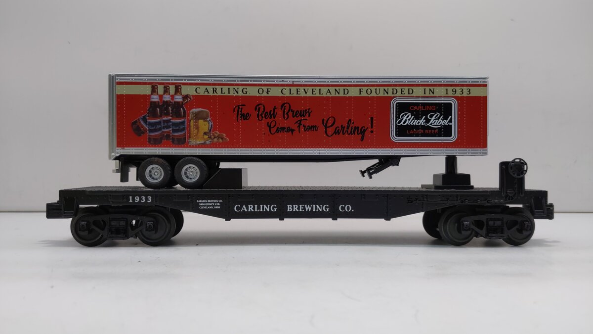 MTH 30-76856 O Carling Black Label Flat Car with 40' Trailer