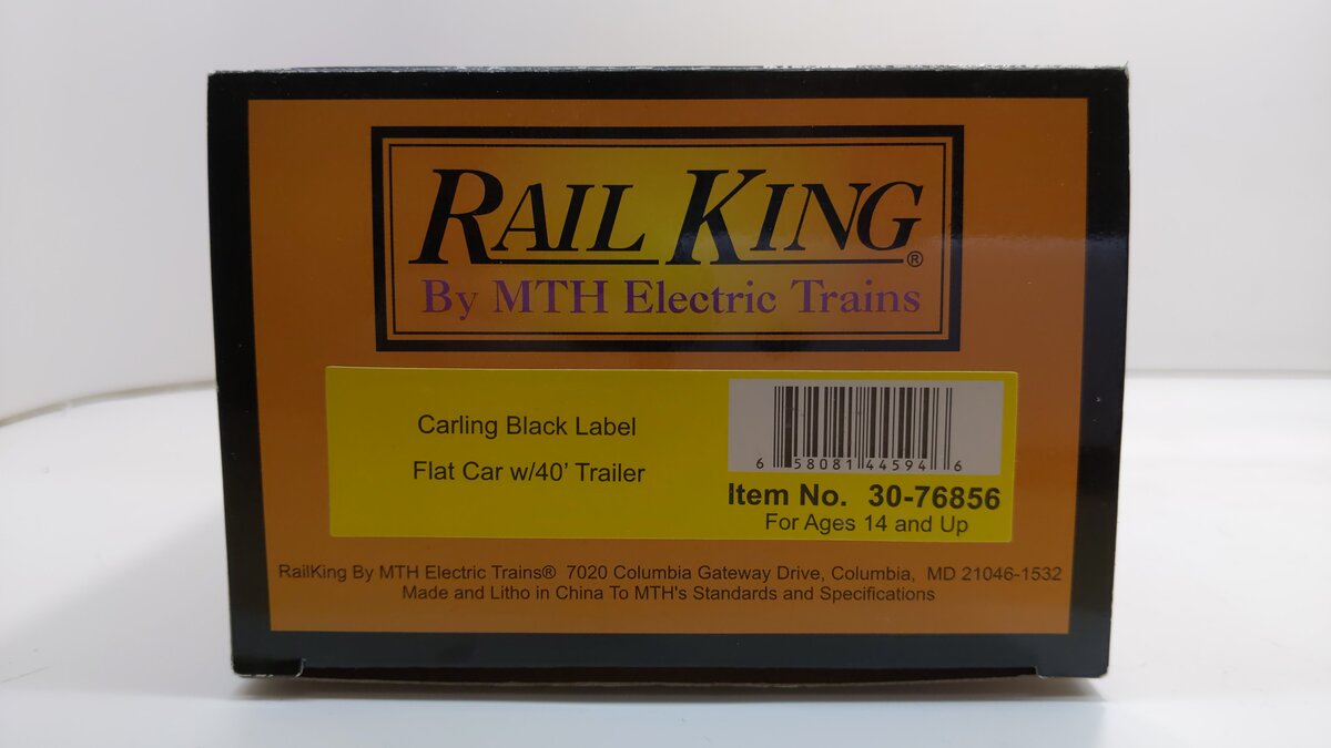 MTH 30-76856 O Carling Black Label Flat Car with 40' Trailer