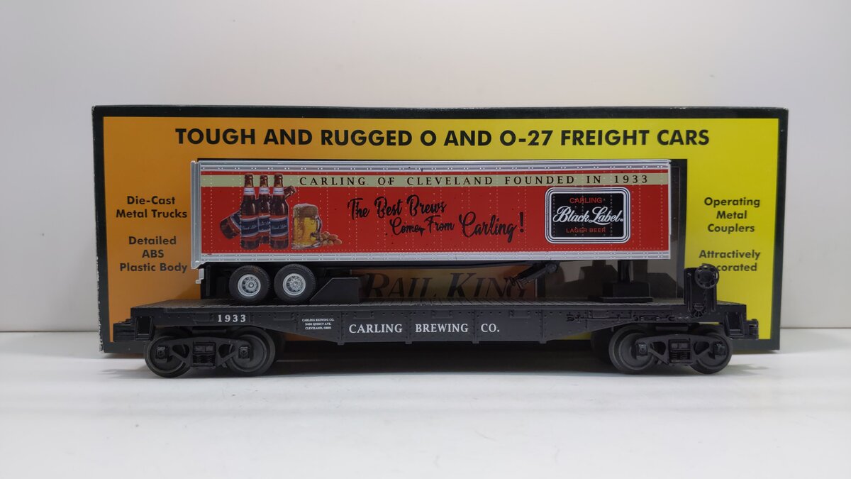 MTH 30-76856 O Carling Black Label Flat Car with 40' Trailer
