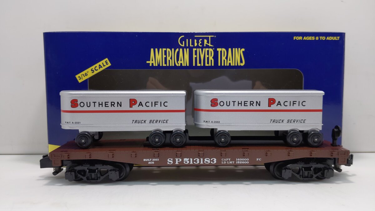 American Flyer 6-48532 S Gauge Southern Pacific Flatcar w/Piggyback Trailers