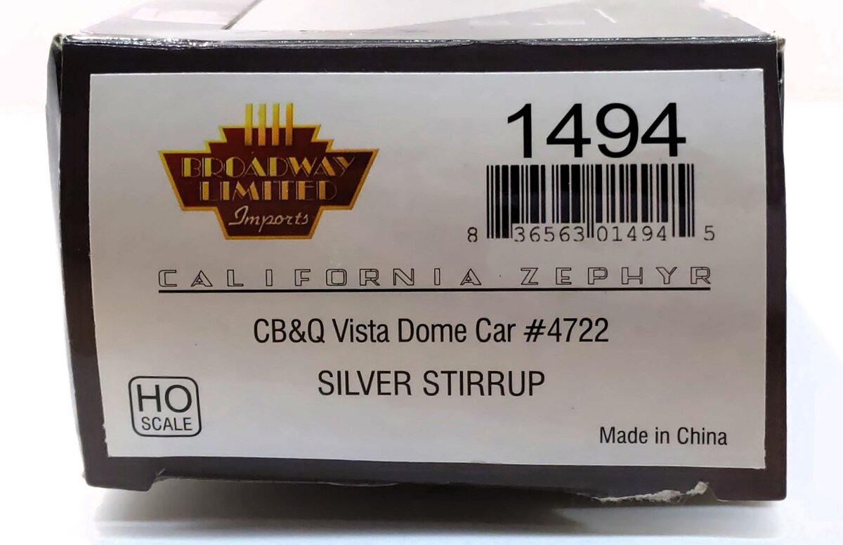 Broadway Limited 1494 HO CB&Q "Silver Stirrup" Zephyr Vista Dome #4722