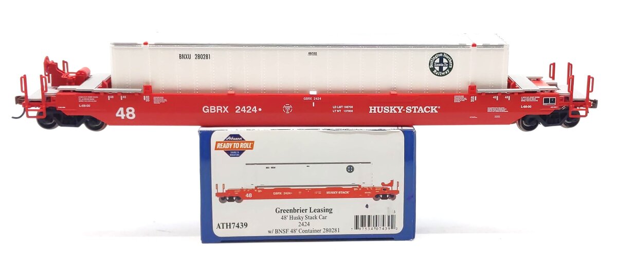 Athearn 7439 HO GBRX RTR 48' Husky Stack Well Car with BNSF Container #2424