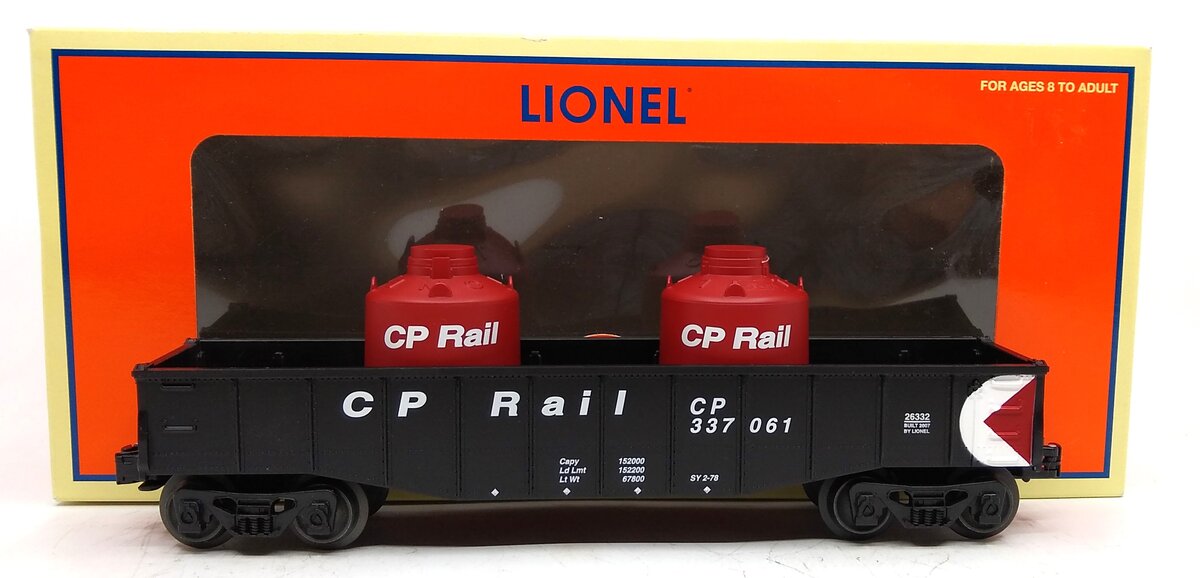 Lionel 6-26332 O Gauge CP Rail Gondola w/ 2 Canisters #337061