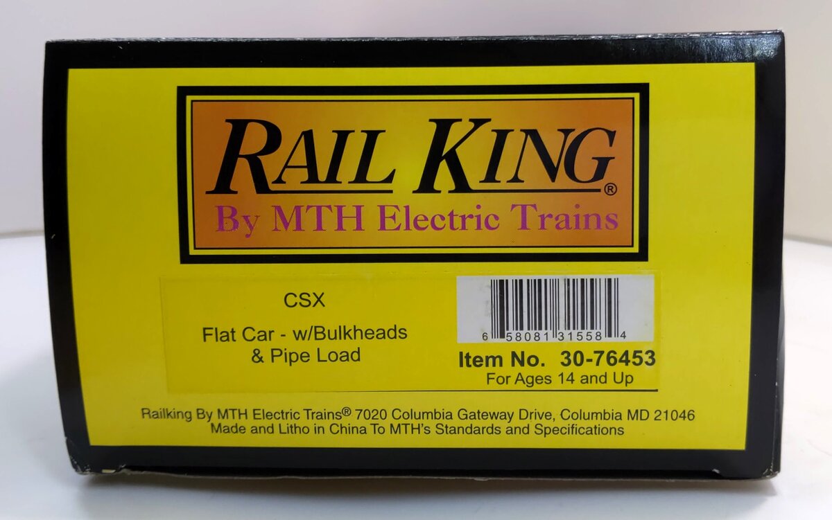 MTH 30-76453 O CSX Flat Car with Bulkheads & Pipe Load