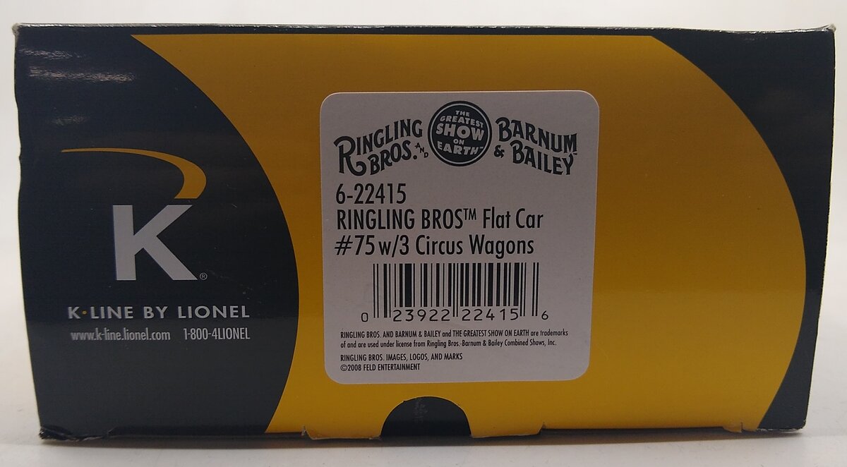 K-Line 6-22415 O Lionel Ringling Bros Flat Car #75 w/ 3 Circus Wagons