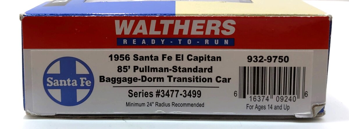 Walthers 932-9750 HO Santa Fe El Capitan 85' P-S Baggage-Dorm Transition Car