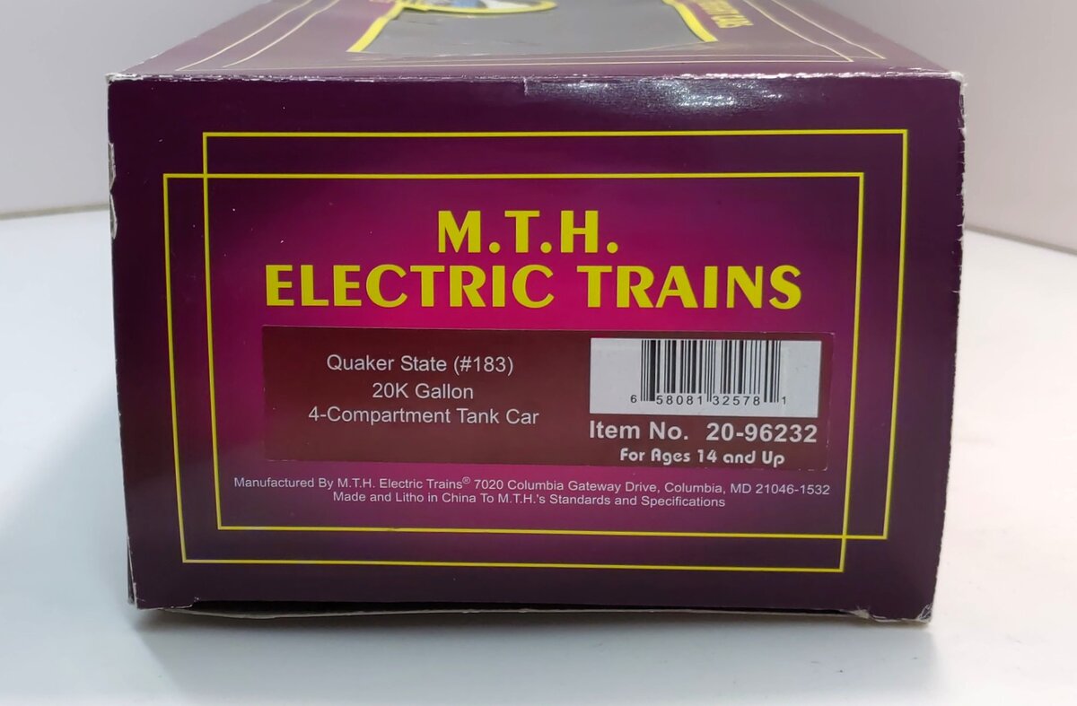 MTH 20-96232 O Quaker State 20K Gallon 4-Compartment Tank Car #183