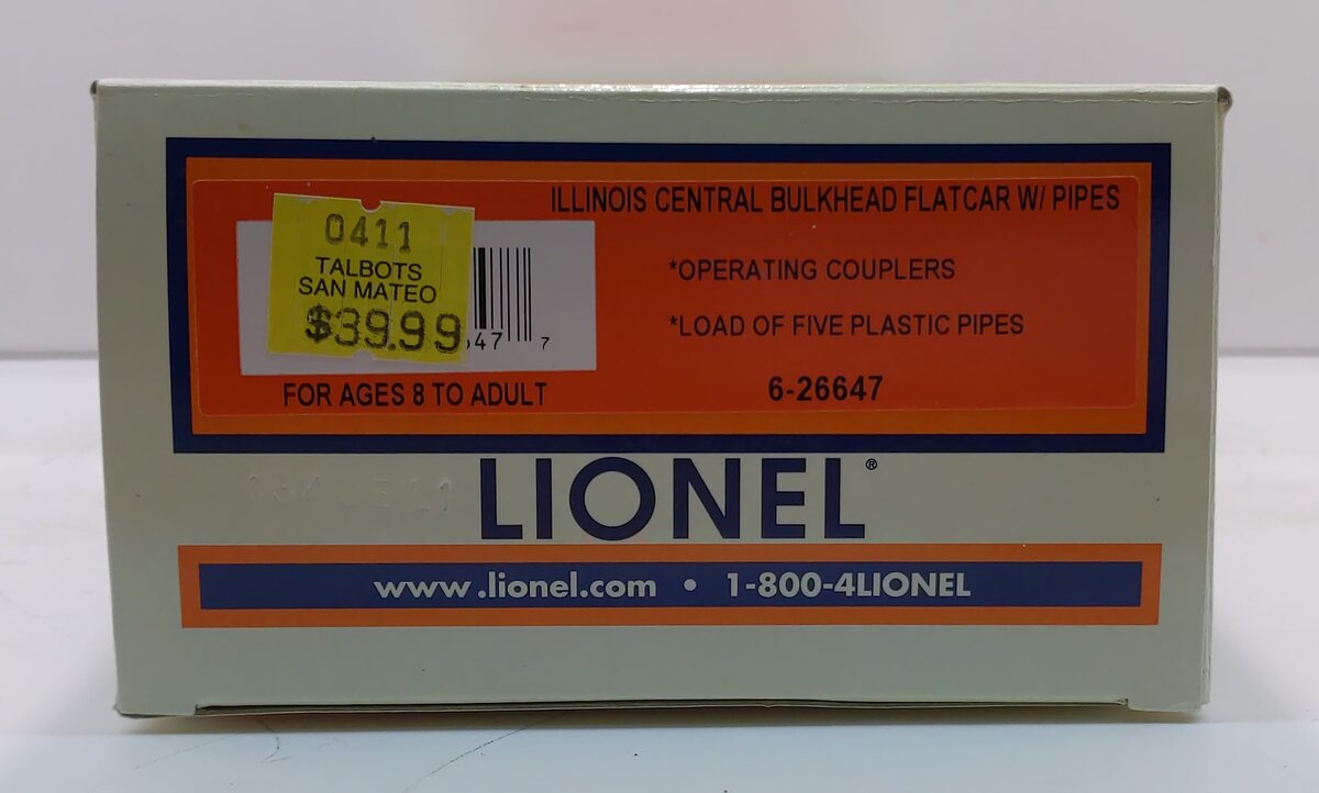 Lionel 6-26647 Illinois Central Bulkhead Flatcar w/Pipes
