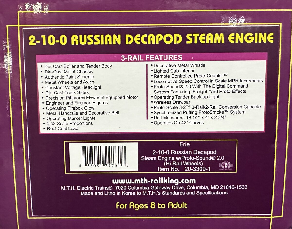 MTH 20-3309-1 O Gauge Erie 2-10-0 Russian Decapod Steam Locomotive w/PS2 #2428